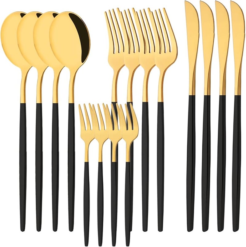 مجموعة أدوات المائدة من الفولاذ المقاوم للصدأ الأسود الذهبي لـ 4 أشخاص، 16 قطعة، آمنة للغسيل في غسالة الصحون - Image 1